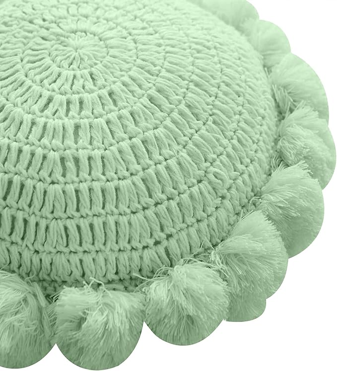 Boho Round Throw Pillow with Cute Handmade Pom Poms Tassels 18 Inch, Decorative - Image 2