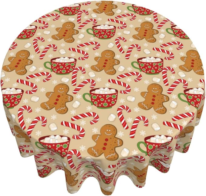Christmas Tablecloth Round 70×70 Inch, Gingerbread Man Candy Cane Holiday - Image 5
