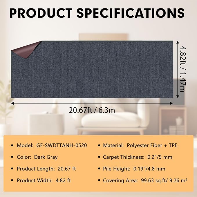Marine Carpet, 5 FT x 20 FT Dark Gray Indoor Outdoor Carpet 0.2" Thick Boat - Image 2