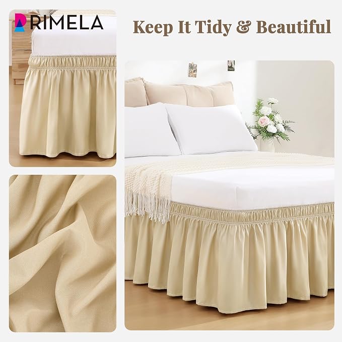 RIMELA Beige White Bed Skirt Queen Size 15 Inch Drop, Elastic Bed Skirting - Image 7