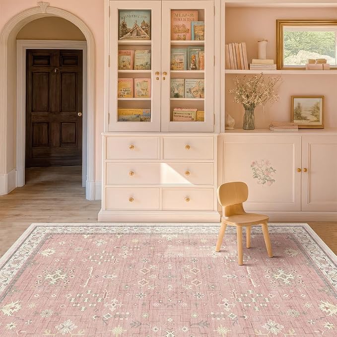 Pink and Gold Girls Rugs for Bedroom, 4x6 Non Slip Nursery Floral Area Rug by HazoHaus
