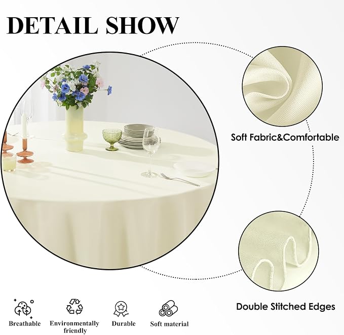 Round Tablecloth 132 Inch 6 Pack Ivory Tablecloths Washable Decorative Linen - Image 5
