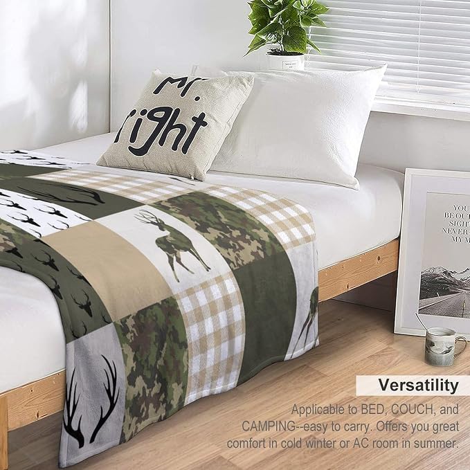 Camouflage Deer Blanket, Vintage Camo Green Beige Plaid Rustic Cabin Wildlife - Image 5
