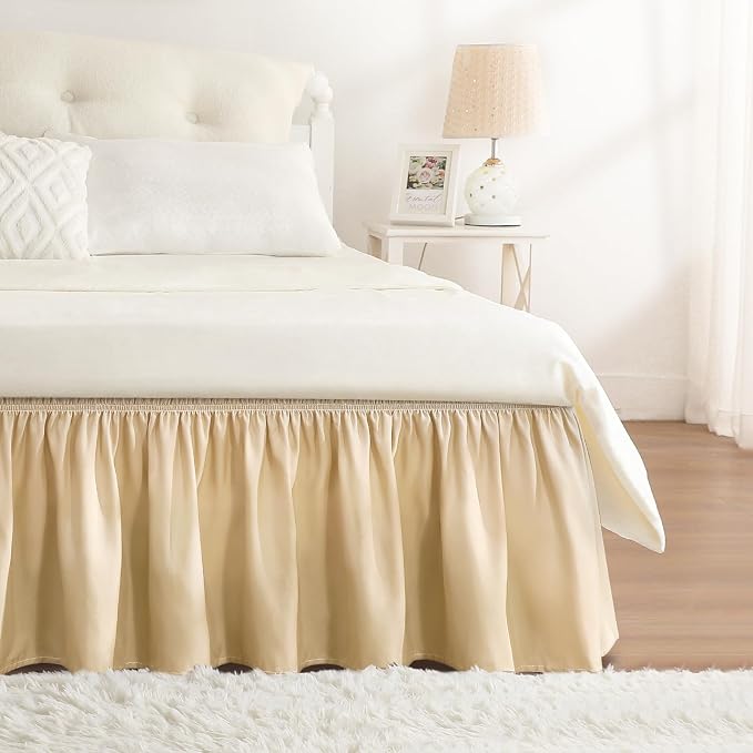 RIMELA Beige Bed Skirt Queen Size 15 Inch Drop, Wrap Around Elastic Bedskirt by RIMELABedSkirt