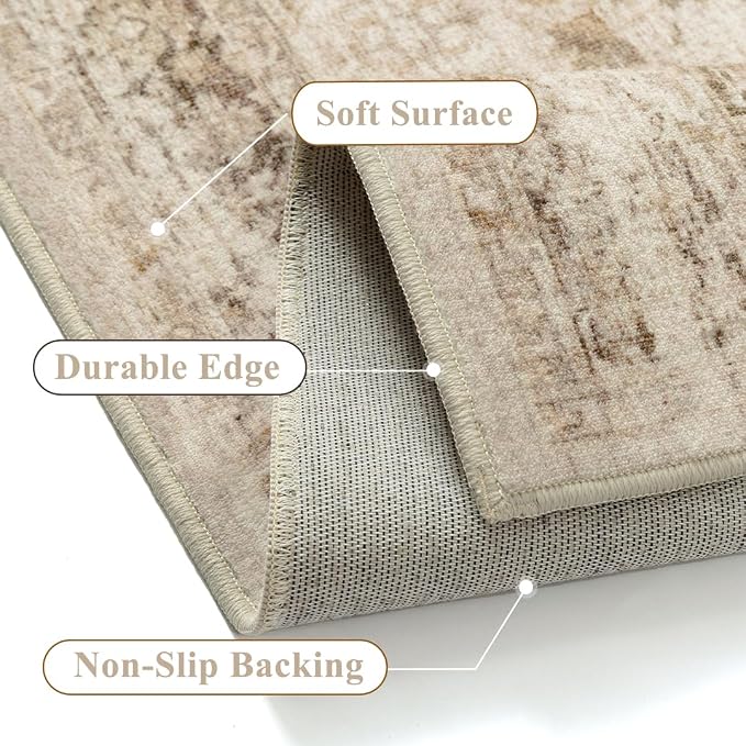 Beige 6x9 Area Rug Non Slip Vintage Living Room Distressed Machine Washable - Image 3
