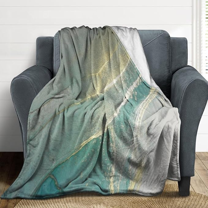 Abstract Marble Blanket, Modern Luxury Baroque Golden Lake Green Stone Veins - Image 3