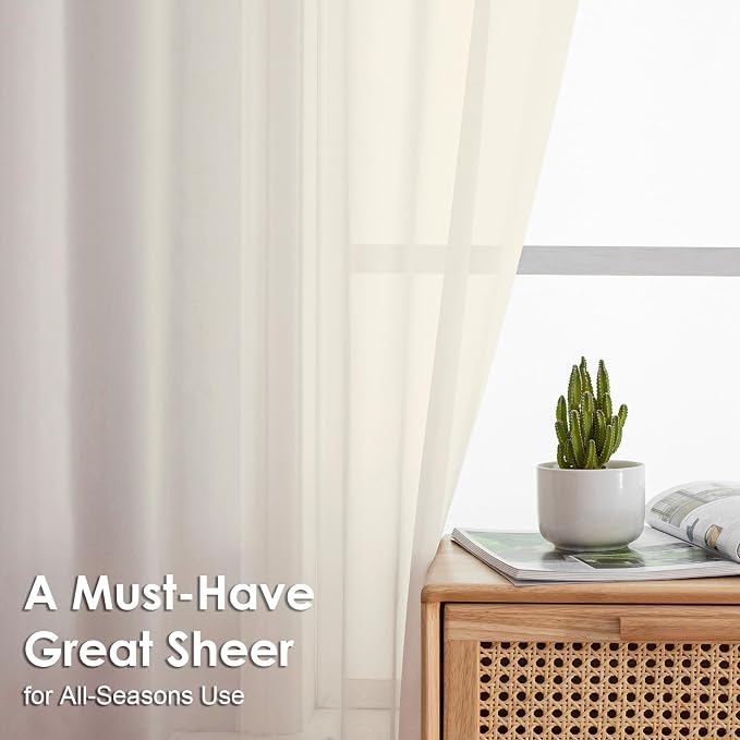 OVZME Cream Sheer Curtains 84 Inches Long 2 Panels - Image 2