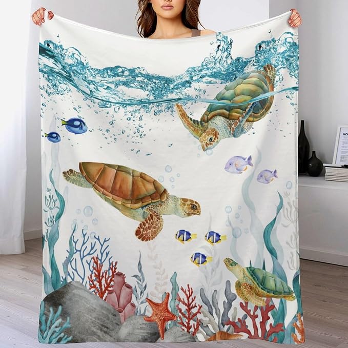 Sea Turtle Throw Blanket, Teal Blue Ocean Underwater Animal Starfish Fish - Image 8