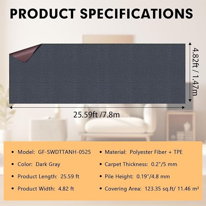 Marine Carpet, 5 FT x 25 FT Dark Gray Indoor Outdoor Carpet 0.2" Thick Boat - Image 2