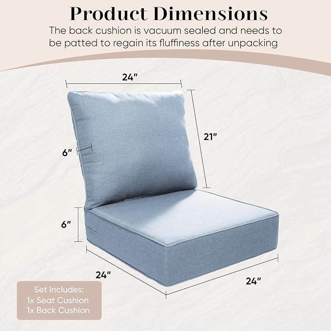 Luxury Outdoor Seat Cushion Set-24 x 24 x 6 Inch Outdoor Chair Cushions Set of 2 - Image 3