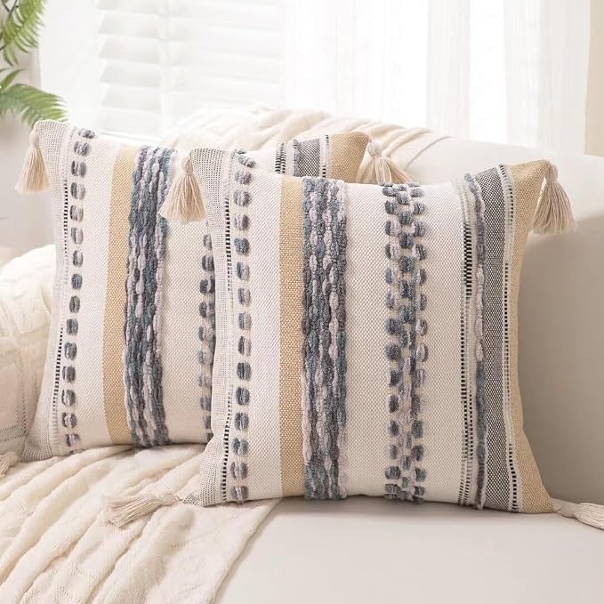 Boho Throw Pillow Covers 18x18 Set of 2 Woven Tufted Farmhouse Pillows Cover by Unknown