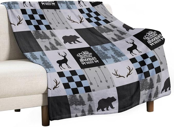 Bear Cabin Plaid Blanket, Rustic Retro Bear Deer Patchwork Gray Blue Farmhouse by JanJCurt