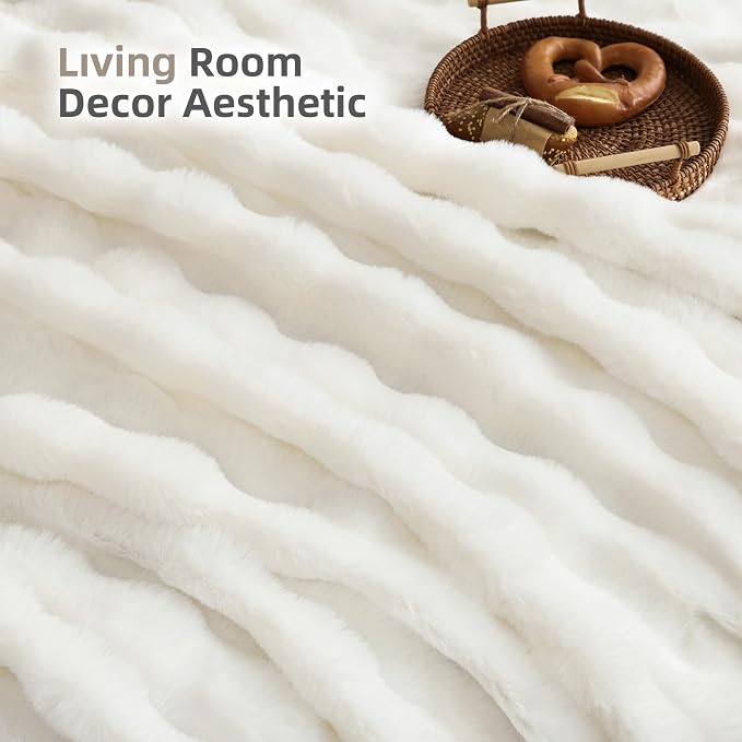 Smoofy Faux Fur Throw Blanket for Couch – Cream White Fluffy Cozy Rabbit Fleece - Image 6