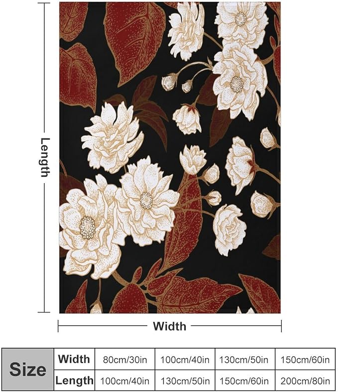 Red Gold Floral Blanket, Boho Dark Flower Leaves Chinese Plum Blossoms - Image 2