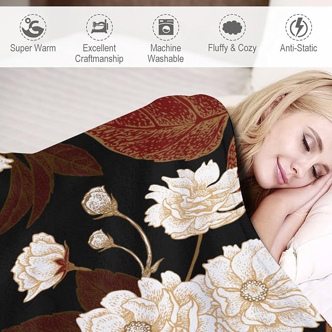 Red Gold Floral Blanket, Boho Dark Flower Leaves Chinese Plum Blossoms - Image 4