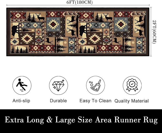 Cabin Wildlife Runner Rug 2x6, Buffalo Plaid Bear Moose Deer Country, Vintage - Image 2