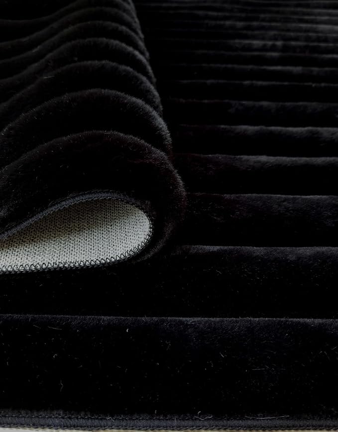 GLORY RUGS Area Rugs Striped Soft Faux Rabbit Fur Rug 8x10 Becky Black Plush - Image 5