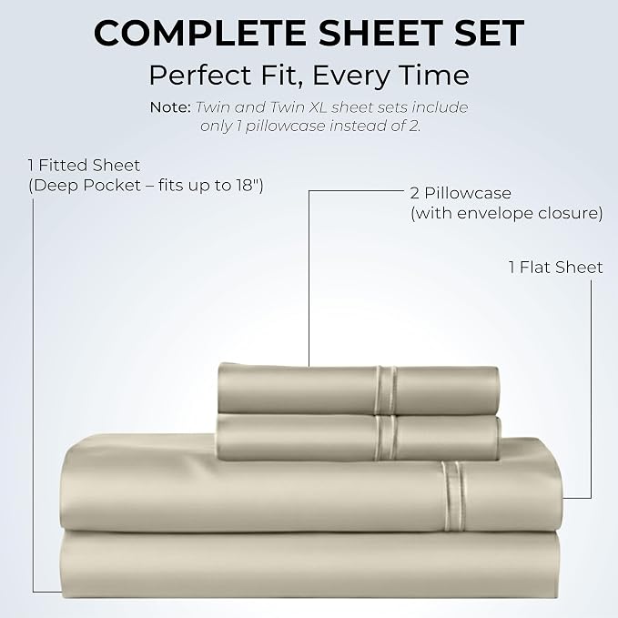 100% Natural Cotton Sheets Queen Size Bed Set | 500 TC Single-Ply Sateen Weave - Image 3