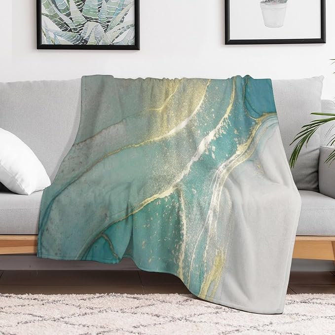 Abstract Marble Blanket, Modern Luxury Baroque Golden Lake Green Stone Veins - Image 6