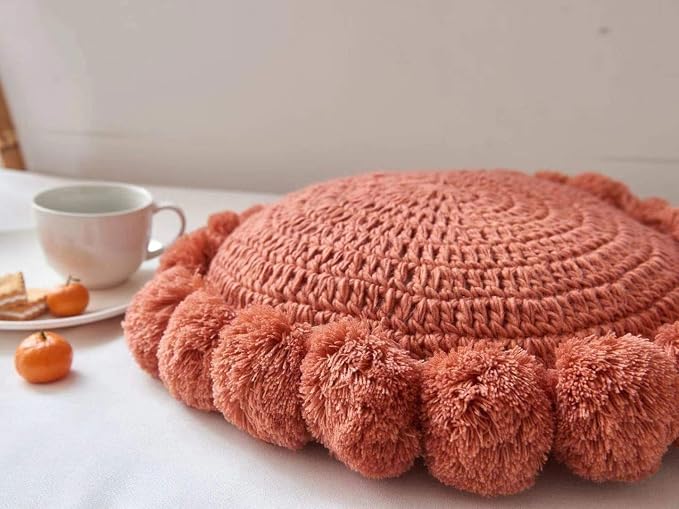 Boho Round Throw Pillow with Pom Poms Fringe Tassels, Bohemian Cute Decorative - Image 3