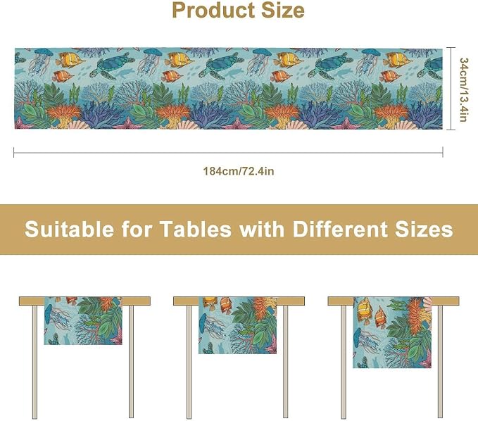 Coastal Table Runner, Ocean Nautical Coral Starfish Seashell Sea Turtle Table - Image 5