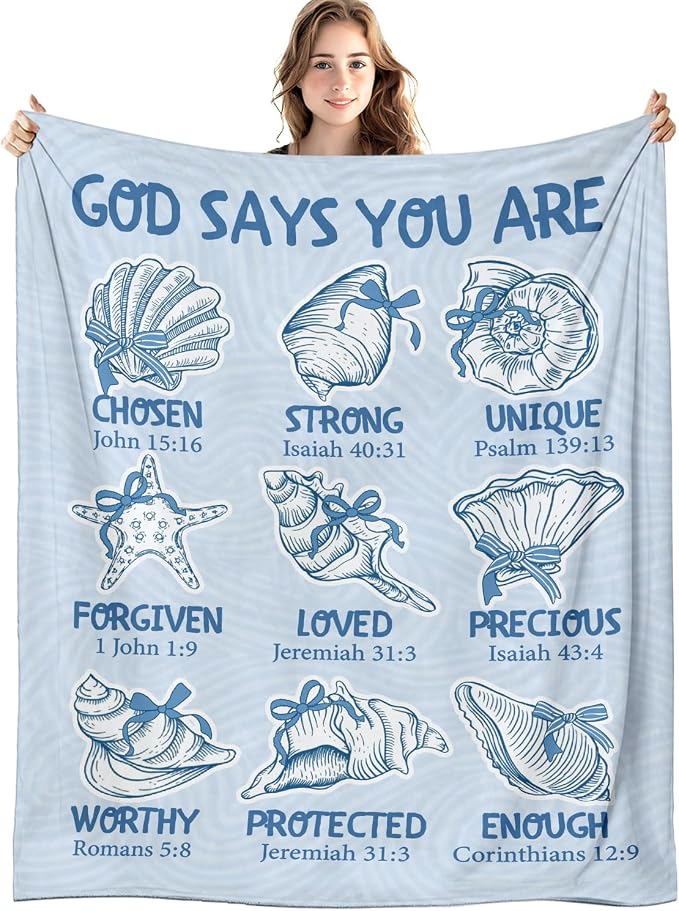 Blue Christian Blanket, God Says You are Bible Verse Preppy Beach Seashell by Unknown