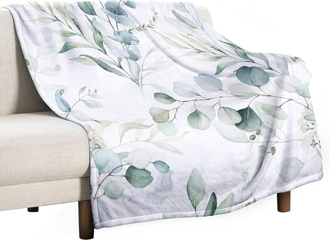 Eucalyptus Leaf Throw Blanket, Watercolor Floral Spring Botanical Green Plants by JanJCurt