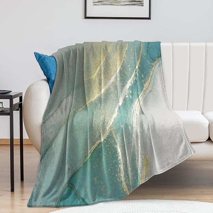 Abstract Marble Blanket, Modern Luxury Baroque Golden Lake Green Stone Veins by Unknown