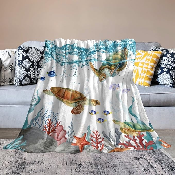Sea Turtle Throw Blanket, Teal Blue Ocean Underwater Animal Starfish Fish - Image 6