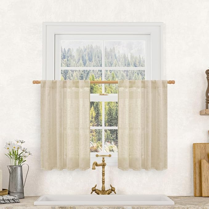 LAMIT Semi Sheer Linen Curtains 36 Inch Length 2 Panels, Light Filtering Panels by LAMIT