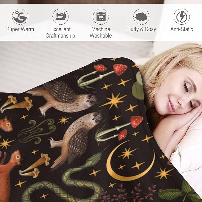 Rustic Forest Throw Blanket, Fairy Tale Forest Land Wild Animals Moths Flowers - Image 4