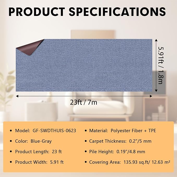 Marine Carpet, 6 FT x 23 FT Blue-Gray Indoor Outdoor Carpet 0.2" Thick Boat - Image 2
