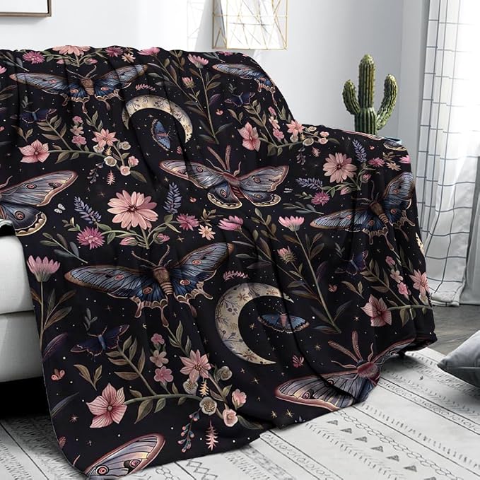 Moon Moth Throw Blanket 60"x80" Soft Cozy Lightweight Flannel, Mystical Night - Image 2