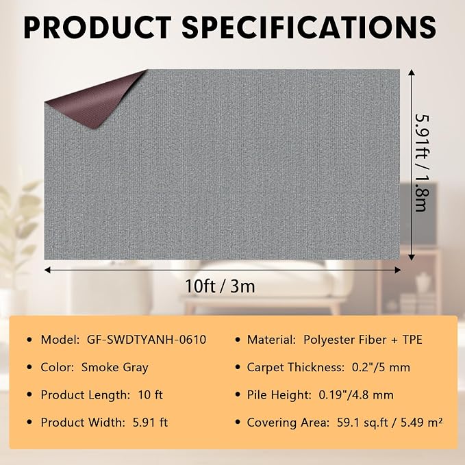 Marine Carpet, 6 FT x 10 FT Smoke Gray Indoor Outdoor Carpet 0.2" Thick Boat - Image 2