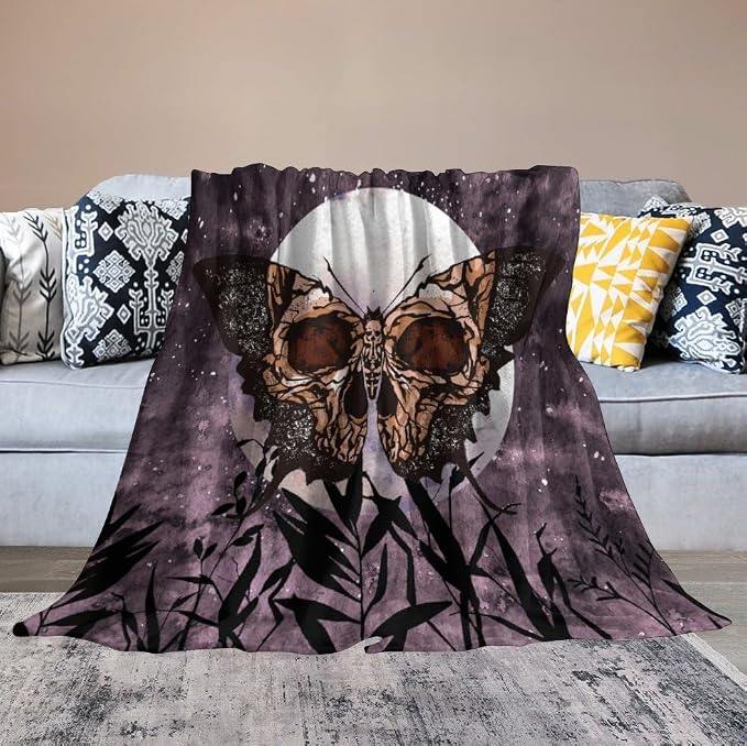 Death Moth Blanket, Boho Gothic Skull Moth Purple Starry Plant Full Moon - Image 6
