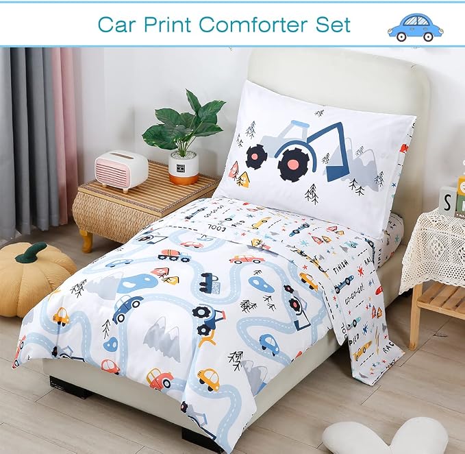 PERFEMET 5-Piece Kids Comforter Full Size Set Reversible Trucks Cars Bedding - Image 2