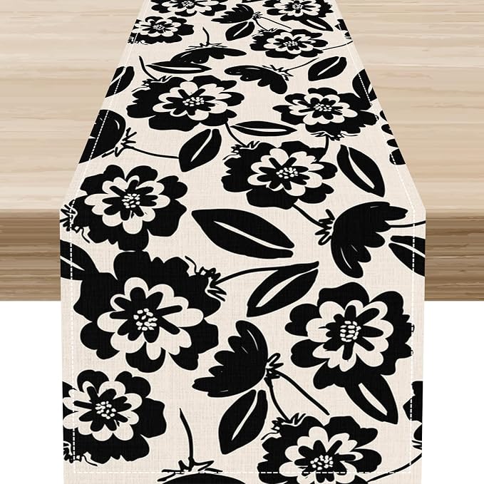 Dark Floral Table Runner, Abstract White Flower Seasonal Coffee Table Center by Unknown