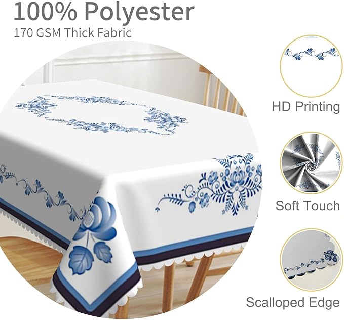 54x70inches Blue Floral Rectangle Tablecloth Blue and White Porcelain - Image 3