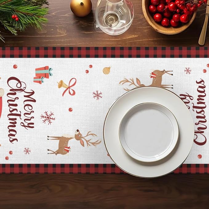 Christmas Table Runner, Merry Christmas Santa Claus Linen Table Runner - Image 6