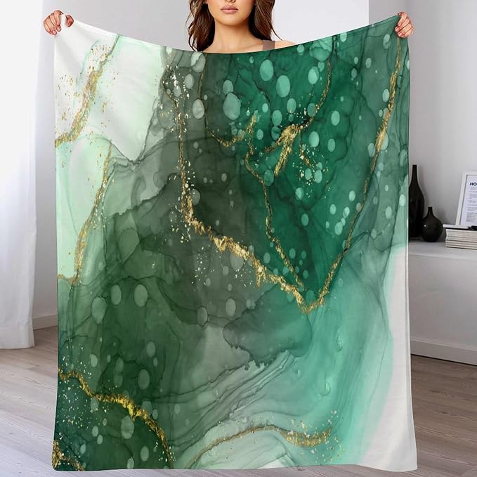 Modern Marble Blanket, Abstract Luxury Baroque Golden Lake Green Stone Veins - Image 5