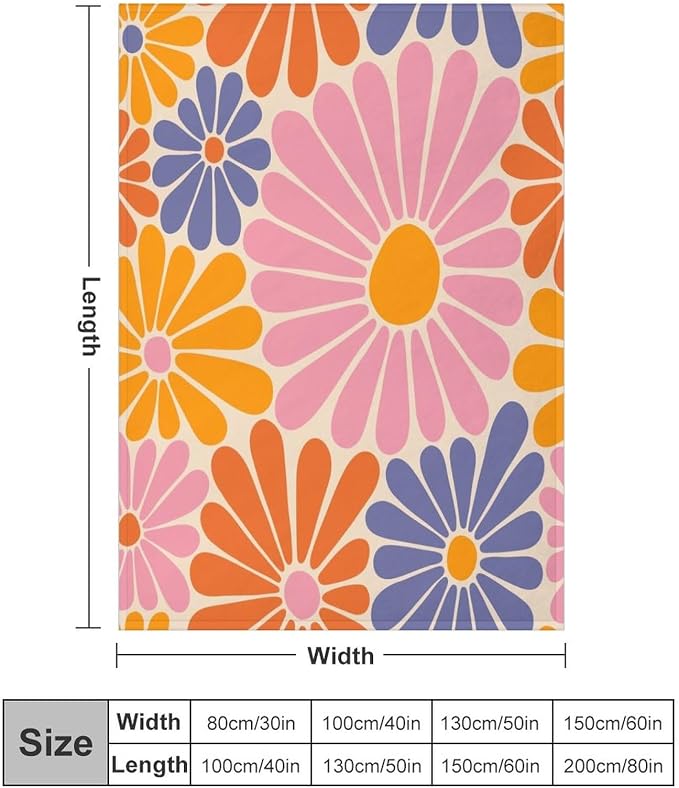 1970s Hippie Floral Throw Blanket, Retro Orange Pink Blue Flower Boho Groovy - Image 2