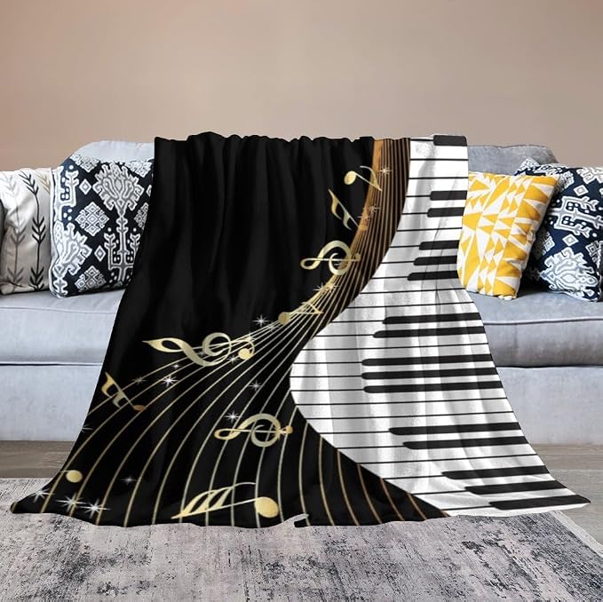 Music Note Blanket Black White Piano Keys Gold Music Note Soft Cozy Lightweight - Image 4