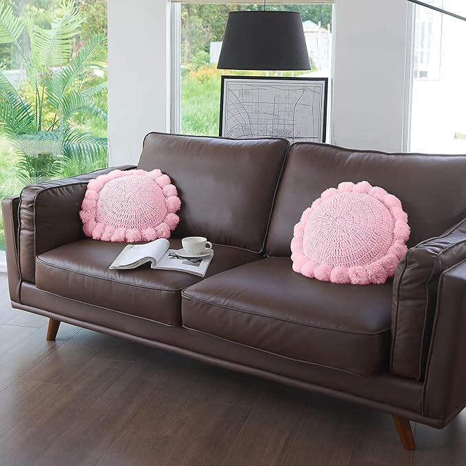 Boho Round Throw Pillow with Cute Handmade Pom Poms Tassels 18 Inch, Decorative - Image 6