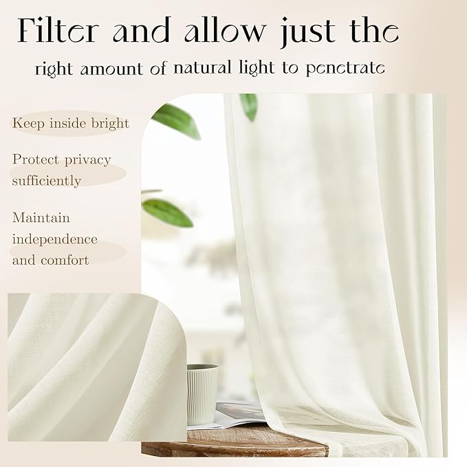 Dreaming Casa Ivory Sheer Curtains 96 Inches Long, Rod Pocket & Back Tab Light - Image 3