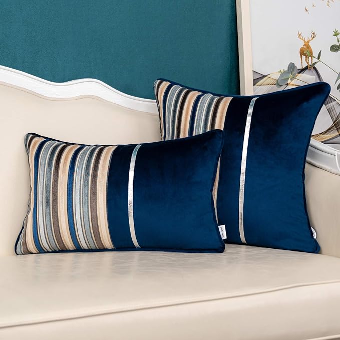 Yangest Navy Striped Patchwork Throw Pillow Cover Silver Leather Cushion Cover - Image 6