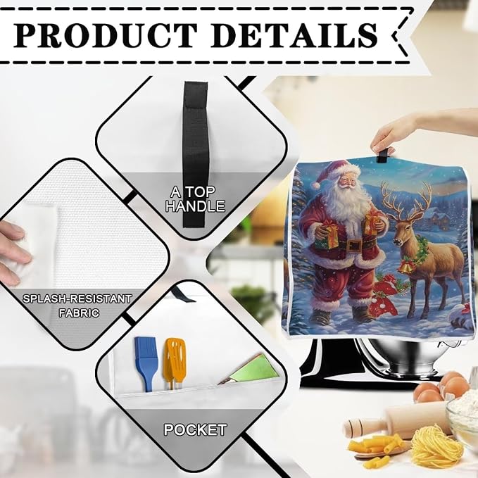 Christmas Stand Mixer Cover for Kitchen Aid 6-8 Qt Mixer, Santa Claus Elk Small - Image 3
