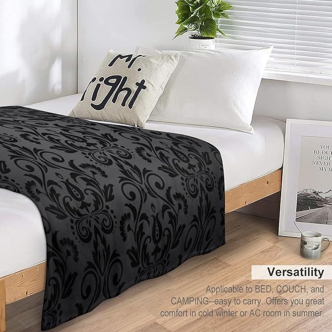 Black Damask Blanket, Antique Victorian Style Gothic Vintage Black Floral - Image 5