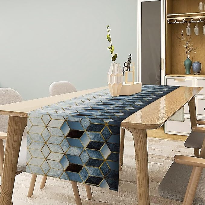 Geometric Blue Marble Table Runner Abstract Hexagon Pattern Texture Table Runner - Image 3