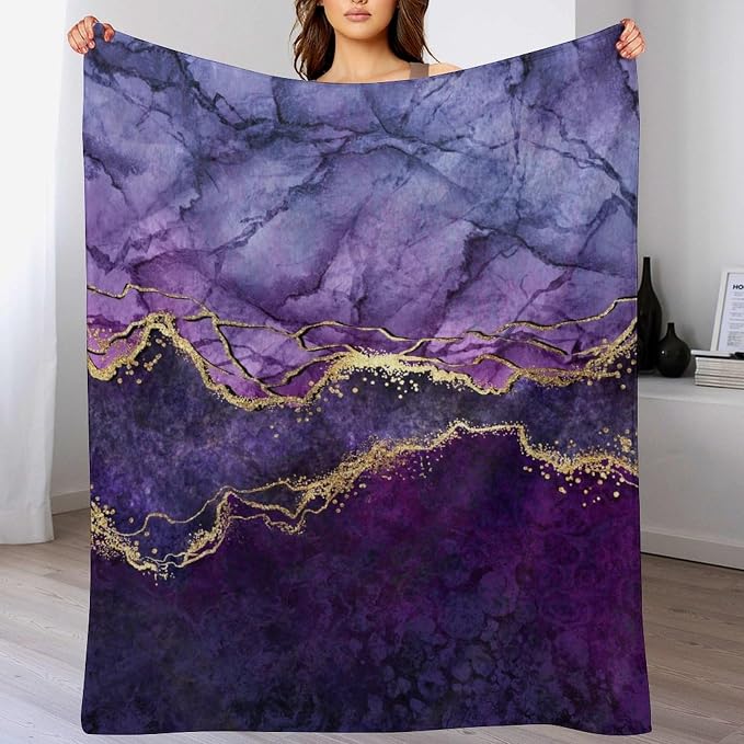 Modern Marble Blanket, Abstract Luxury Baroque Art Golden Purple Stone Veins - Image 5