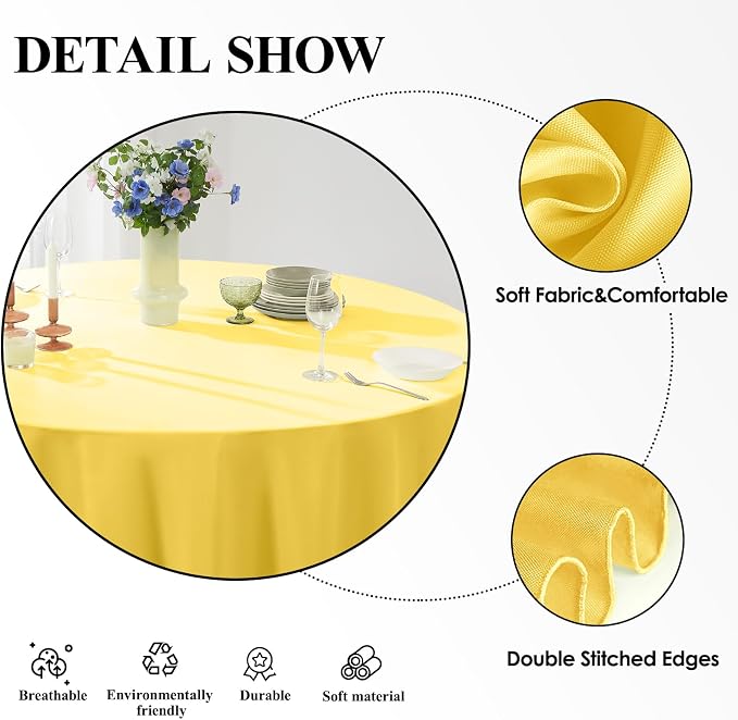 Round Tablecloth 132 Inch 2 Pack Yellow Tablecloths Washable Decorative Linen - Image 4